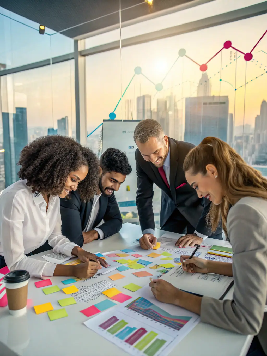 A diverse group of South African professionals collaborating on wealth management plans, emphasizing teamwork and expertise.